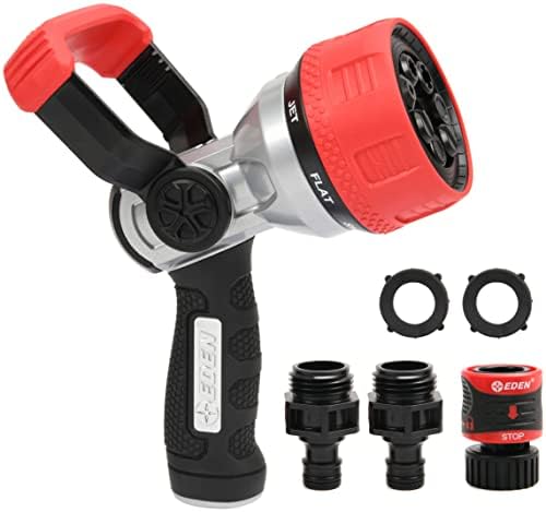 Eden 96806 Heavy-Duty Metal Fireman Hose Nozzle | 7 Spray Patterns, High-Pressure Garden Sprayer with Quick Connect Set & Bonus Washers by EDEN
