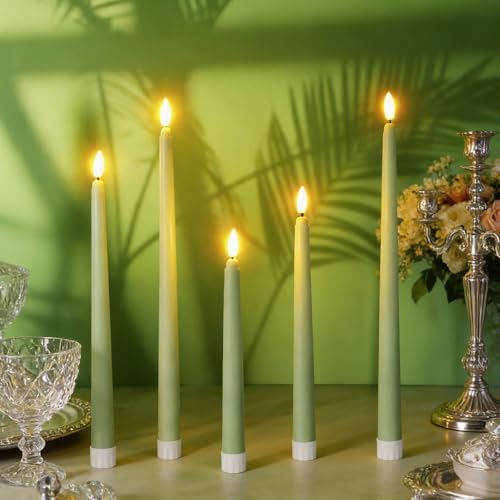 Rossesay 24 Pcs Flameless LED Taper Candles Battery Operated Candle 8.5", 9.65", 10.8", 12.8" Flameless Candlesticks Flickering for Christmas Church Wedding Indoor Decoration(Classic, Rat Tail Green) - Image 4