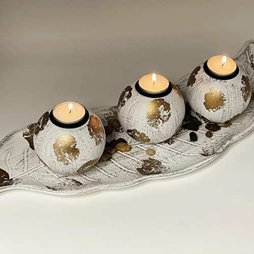 allgala HD90405 Wooden Candle Holder Tray 3 Ball Orbs Set Tealight Centerpiece with Pebbles on Leaf Tray for Coffee Table Dining Table Accents Bowl for Living Room Décor (White Gold) - Image 3