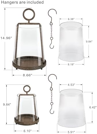 9" & 6" Wide Modern Farmhouse Metal Hurricane Candle Holder with Handmade Sturdy Glass Sleeve in Rusty Brown for Pillar Candle & Plants, Glass Hurricane Lantern, Industrial, Minimalistic - Image 2