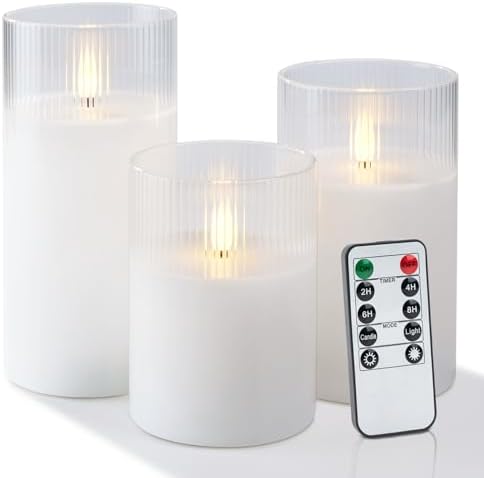 Amagic White Ribbed Glass Flameless LED Pillar Candles with Remote Timer by AMAGIC