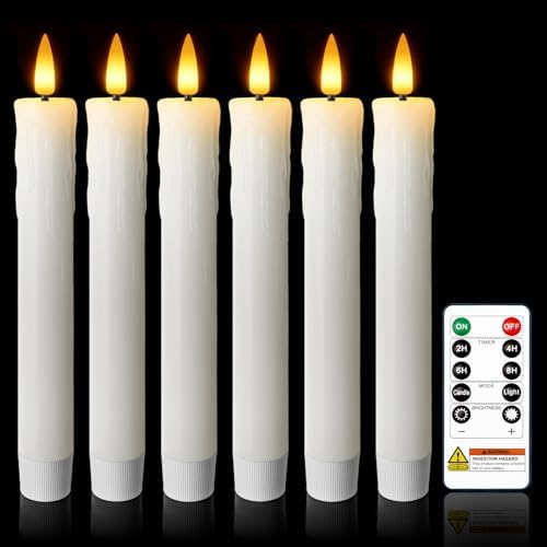 7 Inches Dripless Flameless Taper Candles with Remote Timer Dimmer, Real Wax Battery Candlesticks, 3D Flame Fake Candlesticks for Home Wedding Christmas Decor, White, 6 Pcs by meigic