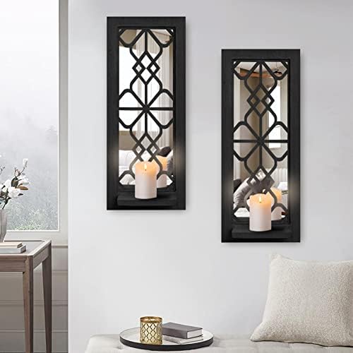 ZEXUIRU 2 Set Rustic Candle Sconces Living Room Bedroom Entryway Wood Mirrored, Farmhouse, Carved Frame Wall-Mount Wooden Candle Holders Wall Decor Hanging Handmade Holder - Black by ZEXUIRU