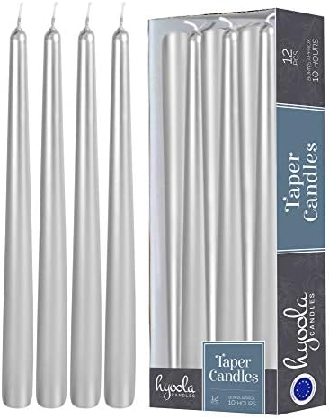 Hyoola 12 Pack Tall Metallic Taper Candles - 12 Inch Silver Metallic, Dripless, Unscented Dinner Candle - Paraffin Wax with Cotton Wicks by Hyoola