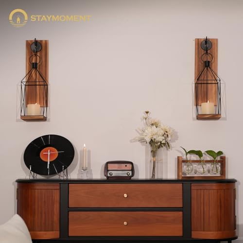 Wood Wall Candle Sconce with Black Lantern, Set of 2 Home Decor - Image 4