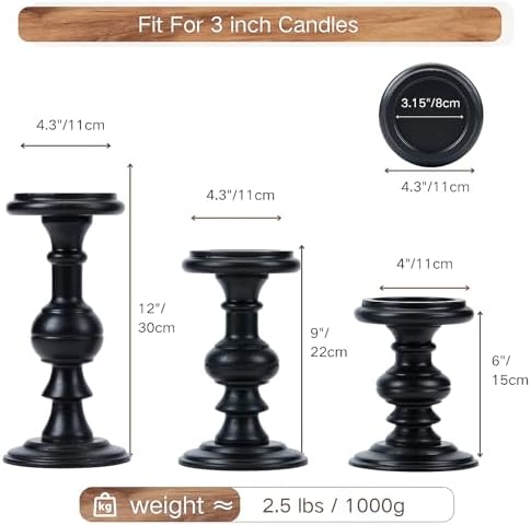 Set of 3 Rustic Black Wood Pillar Candle Holder - Image 2