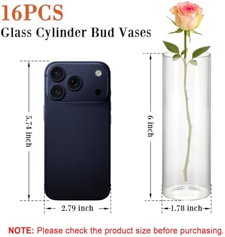 Tigvio 16 Pack Small 5.9" Tall x 1.8" Diameter Clear Glass Cylinder Vases - Image 2