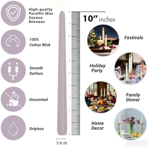20-Pack Light Purple Taper Candles Unscented, 10 Inch Tall Dinner Table Candlestick for Wedding Centerpieces, Bulk Tapered Candles Smokeless Dripless, Lavender Decorative Candle for Home Decor - Image 7
