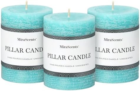 3x4 Inch Turquoise Pillar Candles Set of 3 - Unscented Candles, Long Clean Burning, Large Big Candles, Smokeless Dripless Pillar Candles for Dinner Table, Wedding, Home, Bathroom, Rustic Decor by MiraScents
