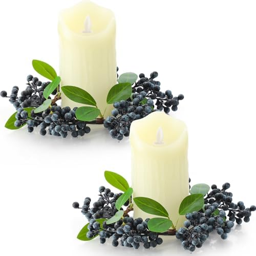 Daifunli 2 Pcs Christmas Candle Rings Blueberry Wreaths for Pillar 3.9 Inch Simulated Blueberries Candles Holder for Winter Christmas Xmas Wedding Home Rustic Table Centerpiece Decor by Huiinen