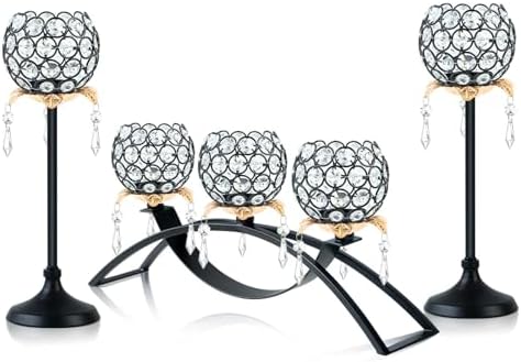 Set of 3 Crystal Tea Light Candlestick Holders Flower Shape with Crystal Pendant Bowl Votive Metal Candle Holder for Table Centerpieces Wedding Home Decor (Black+Gold) by kehail