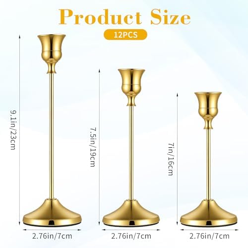 12 PCS Gold Metal Taper Candle Holders Bulk, Candlestick Holders, 7cm Diameter Taper Candle Holder Bulk for Table Centerpieces Candlesticks for Wedding Christmas Home Party Table Decor-23/19/16cm - Image 2