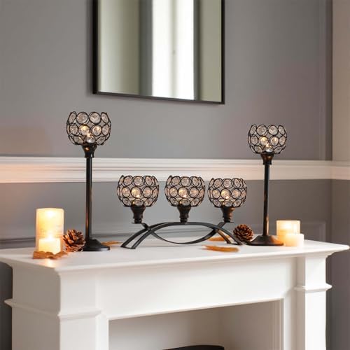 Crystal Tealight Candle Holder Centerpiece Home Decorative Candlestick Holder Elegant Table Centerpiece Home Decor Wedding Party Anniversary (Black, Set of 3) - Image 3