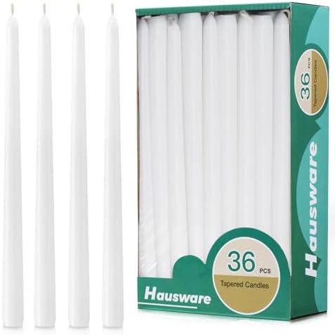 Hausware 36 Pack Taper Candles, 8 Hour Burn Time,Unscented Dripless and Smokeless, 10 inch Elegant Premium Quality Dinner Candle for Home Décor, Restaurant, Wedding, Party Candlesticks (White) by Hausware+Candles