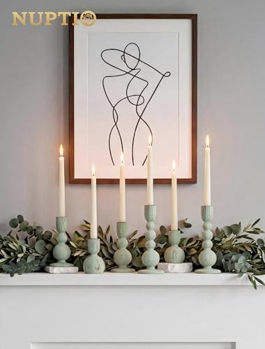 NUPTIO Wooden Taper Candle Holders, Set of 3 Sage Green Candlesticks - Image 4