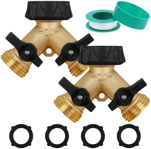 Biswing 2 Pack Garden Hose Splitter 2 Way, Heavy Duty Brass Connector Tap Splitter, Y Splitter 2 Valves with 4 Extra Rubber Washers by Biswing