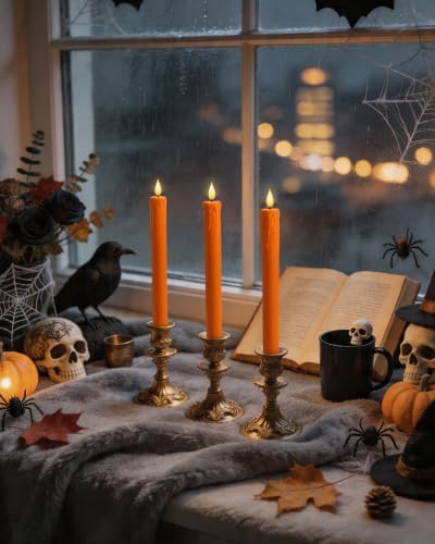Homemory Orange Flameless Taper Candles with Remote Timer, 9.6 Inch Real Wax Battery Operated Candlesticks, Flickering Warmer Light Led Tapered Candle 6 Pack for Halloween Home Decor - Image 7
