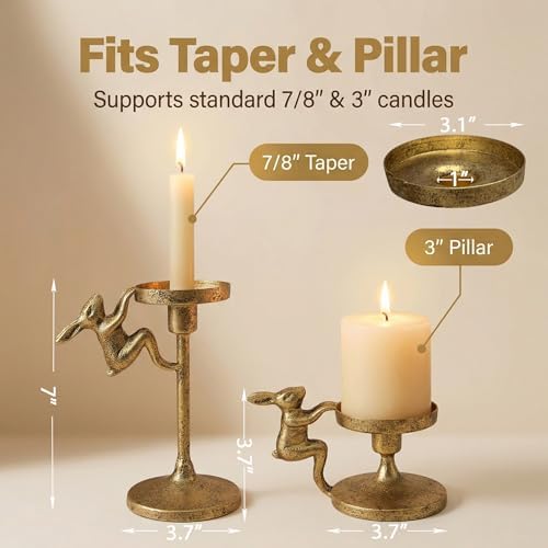 Set of 2 Cast Iron Climbing Bunny Candle Holders, Vintage Heavy-Duty Decorative Stands for 7/8" Taper Candlesticks and 3" Pillar Candles, Lively Easter & Spring Mantel Decor (Antique Brass) - Image 2