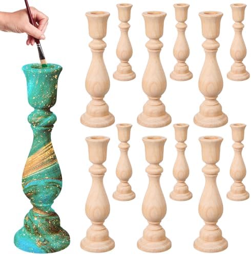 Nitial 12 Pcs Unfinished Classic Wood Candle Holders Small Wooden Candlesticks Unfinished Candlestick Holders for Crafts DIY Xmas Christmas Gift Decoration (6 Inch) by Nitial