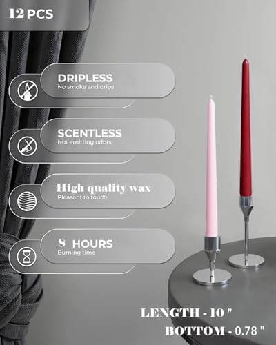 10 Inch Red Taper Candles-Dripless Unscented Tapered Candle Smokeless Candlestick Long Slow Burning 8 Hours Tall Sticks for Christmas Wedding Dinner Parties 12 Pack - Image 4