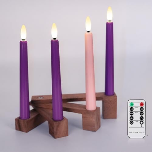 FPOO Flameless Advent Candles with Wooden Candle Holder, Advent Candles Battery Operated 3 Purple and 1 Pink LED candlesticks for Advent Decoration (4 Packs) by FPOO