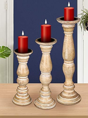 Rustic Candle Holder Set of 3 – 10", 8", 6" – Burnt Finish Wooden Pillar Stands for Wedding, Party, Home Décor, Spa – Country Style Gift for Table Centerpiece - Image 2