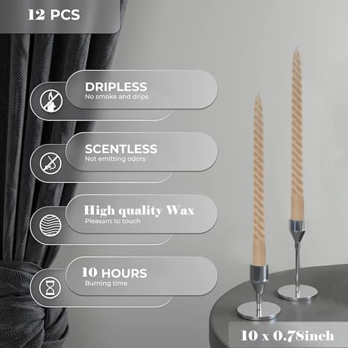 Mocha Beige Taper Candles Stick Brown Spiral Taper Candles-Set of 12 for Fall Decoration Weddings Party Church-Unscented Candles,10inch(F-Mocha Beige) - Image 2