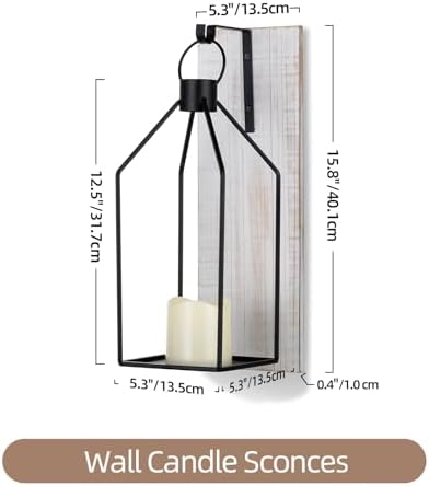 Candle Sconces Wall Decor: Set of 2 Farmhouse Wood Candle Holder Indoor Black Metal Lantern Rustic Decorations for Living Room Front Porch Yard - Image 2