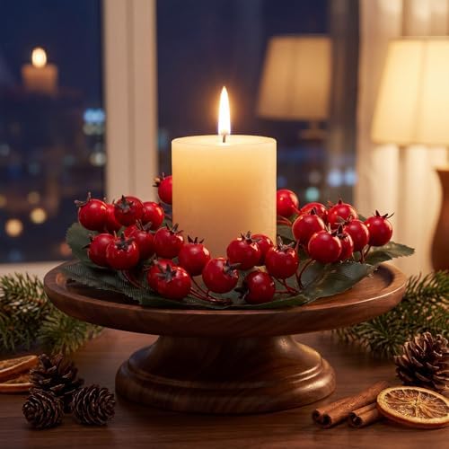 Daifunli 2 Pcs Christmas Red Berry with Leaf Candle Ring Artificial Berry Bell Wreaths for Pillar 3.25 Inch Candles Holder for Winter Christmas Country Wedding Kitchen Table Centerpiece Decor - Image 3