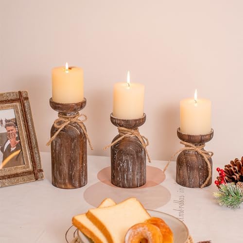 Farmhouse Wooden Candle Holders for Pillar Candles, Brown Distressed Set of 3 Rustic Wood Pillar Wood Candle Stands with Hemp Rope Bow Table Centerpiece Decor for Fireplace, Living, and Dining Room - Image 3
