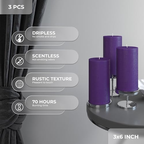 CANDWAX Large Pillar Candles 3x6 Inch – Set of 3 Unscented Dripless Purple Candles, Long Burning Rustic Look for Weddings, Events, Home Decor - Image 3