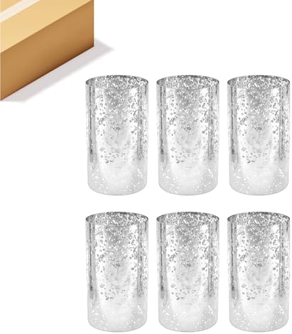 WGVI Hurricane Candle Holder Sleeve, W: 4", Ht: 8", Silver Speckled Glass Cylinder Open Both Ends, Chimney Tube Shade, 6 Pieces by WGVInternational-OpusGlassware