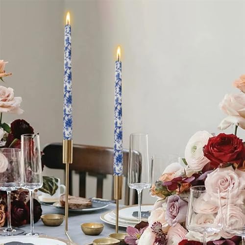 Floral Candlesticks Chinoiserie Candles - Set of 2 Blue and White Taper Candle 10 Inch Long Candle Sticks Dripless Tapered Candles for Home Decoration Wedding Party (8D2T-BLUWHT) - Image 2