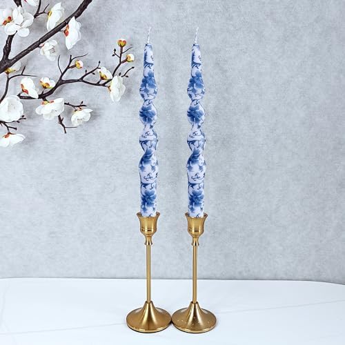 NJAO HOO Floral Taper Candles 10 in Spiral Candlesticks Hand Printed Blue and White Candlestick Twisted Taper Candle for Home Garden Decor, 2Pcs - Image 2