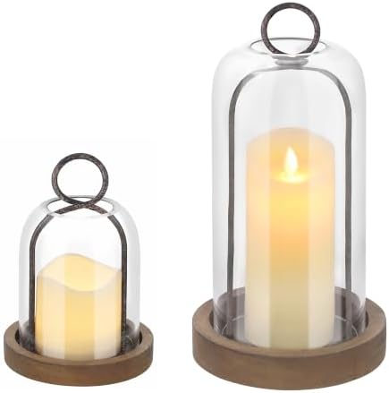 Set of 2 Versatile Rustic Metal Candle Holder with Handmade Sturdy Glass Dome and Rustic Brown Wooden Base for Pillar Candle & Plants, Industrial, Farmhouse, Shabby Chic, Display Cloche Bell Jars by Unknown