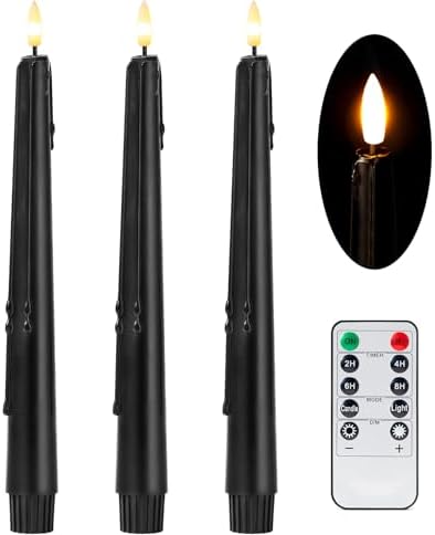 Stmarry Black Flameless Taper Candles with Remote and Timer - 9.65 Inch Real Wax LED Candlesticks - Wax Drip Battery Operated Halloween Taper Candles with 3D Flickering Flame Halloween Decor, 3 Pack by Stmarry