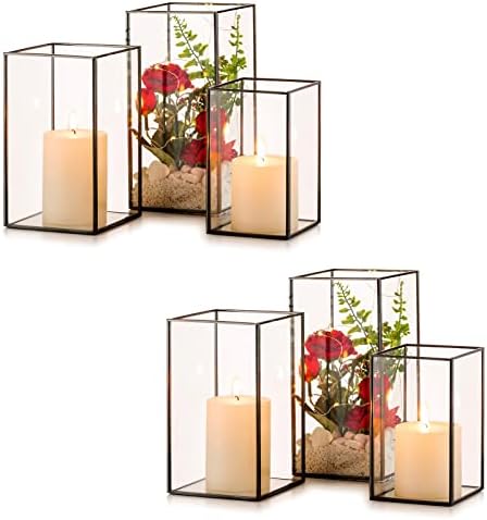 Nuptio Glass Candle Holders Hurricane Holder for Pillar Candles 6 Pcs Black Metal Candle Holders Large Rectangular Candleholder Vase Centerpieces Decoration for Wedding Fireplace 9.5 & 8.1 & 6.5 inch by Nuptio