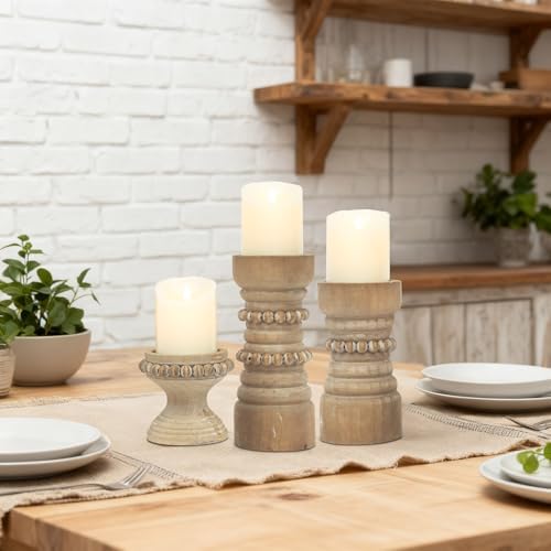 Rustic Natural Wood Candle Holders Set of 3, Farmhouse Beaded Wood Pillar Candle Holder, Candle Holders for Pillar Candles & Candlesticks, Candle Sticks Holder Decor for Table Centerpiece - Image 4