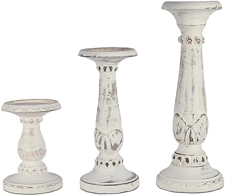 Mela Artisans Pakshi Wood Candle Holders - Distressed White, Set of 3 by MelaArtisans