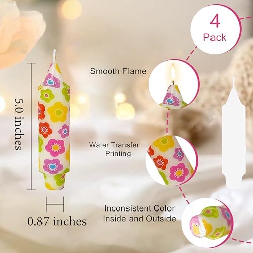 5 inch Short Candle Floral Candle Sticks Printed Candlestick Handmade Unscented Taper Candle 4 Pack Colorful Flower Tapered Candles for Home Dinner Wedding Holiday - Image 4
