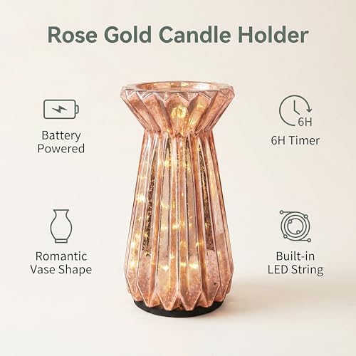 Home Decor, Mercury Glass Pillar Candle Pedestal Holders with led Lights, Lighted up Candle Holder for Pillar Candle, Glass Candlestick Holders with Timer for Wedding Dining Table Xmas (Rosegold) - Image 2