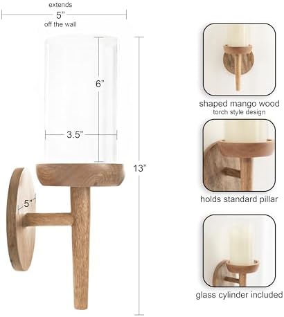 Kate and Laurel Shae Transitional Wooden Wall Sconce; 5 x 5 x 13; Natural Wood; Rustic Candle Holder with Removable Glass Cylinder for Flameless Pillar Candles - Image 2