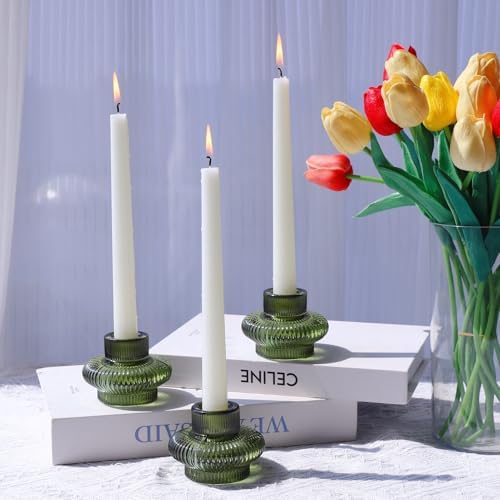 VOHO Green Taper Candle Holders Set of 6, Ribbed Glass Candlestick Holders - Image 2