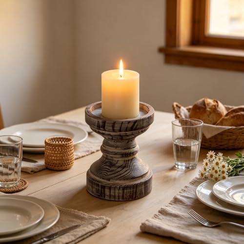 SOFE Wood Pillar Candle Holder, Handmade Farmhouse Candle Holders 6“ Tall - Image 4