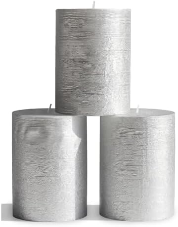 CANDWAX 3x4 inch Pillar Candles Set of 3 – Unscented Dripless Silver Candles for Event Decor, Weddings, Home Use by CANDWAX