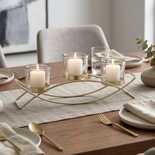 Seraphic Iron Arch Table Centerpiece Decorations Long Candle Holder for Weddings, Patio, Kitchen, Dining Room, and Coffee Tables, Gold, Clear Chunky 3 Cups by Seraphic