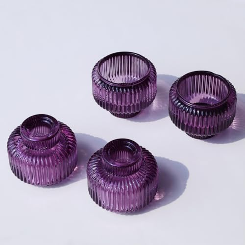 Woho Purple Candlestick Holders Set of 4 for Halloween Decorations, Ribbed Glass Taper Candle Holders for Thanksgiving/Christmas, Vintage Candle Sticks Holder Decor for Fall Wedding Table Centerpiece - Image 2