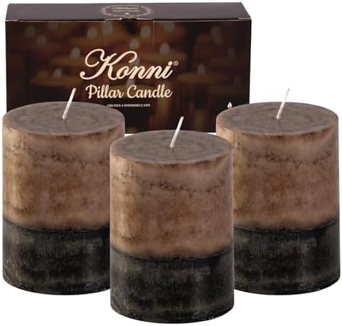 KONNI Layered Pillar Candles Set of 3, 3"x 4" Table Decor Coffee by KAMMAK