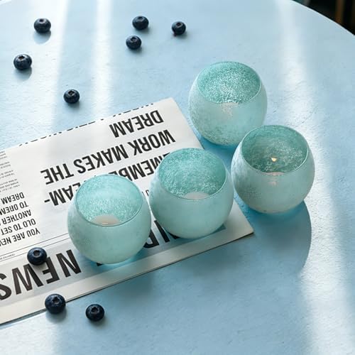 Blue Glass Candle Holders Set of 4, Vintage Frosted Ocean Blue Votive Candle Holders for Easter Decorations, Coastal Tealight Candle Holders for Wedding Centerpiece, Serene Blue Decor for Home Office - Image 3
