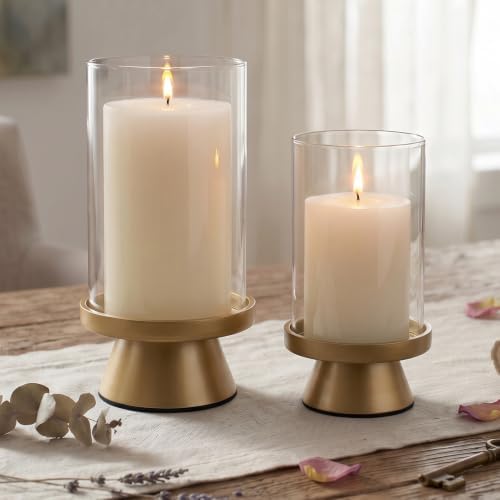 Set of 2 Large Gold Hurricane Glass Candle Holders for 4&3" Pillar Candles - Image 2